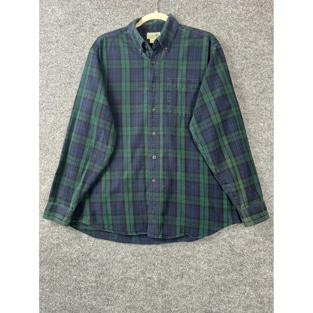LL Bean Mens Flannel Shirt Large Green Navy Blue Plaid Cotton Heritage Outdoors - Picture 1 of 5